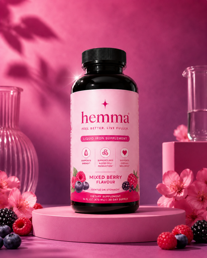 hemma liquid iron supplement, mixed berry flavour, 16 fl oz bottle with pink label