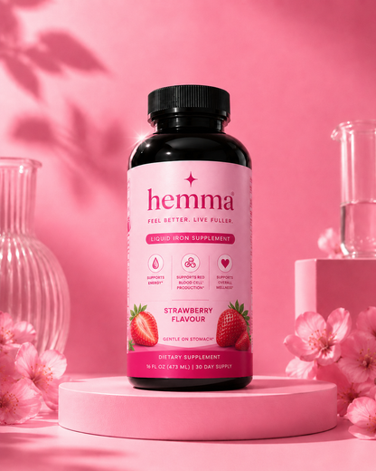 hemma liquid iron supplement, strawberry flavour, 16 fl oz bottle with pink label