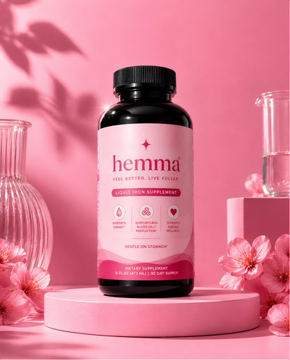 hemma liquid iron supplement, 16 fl oz bottle on a pink podium with cherry blossoms